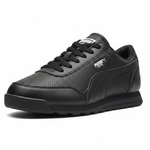 Pair of black sneakers on a light gray background
