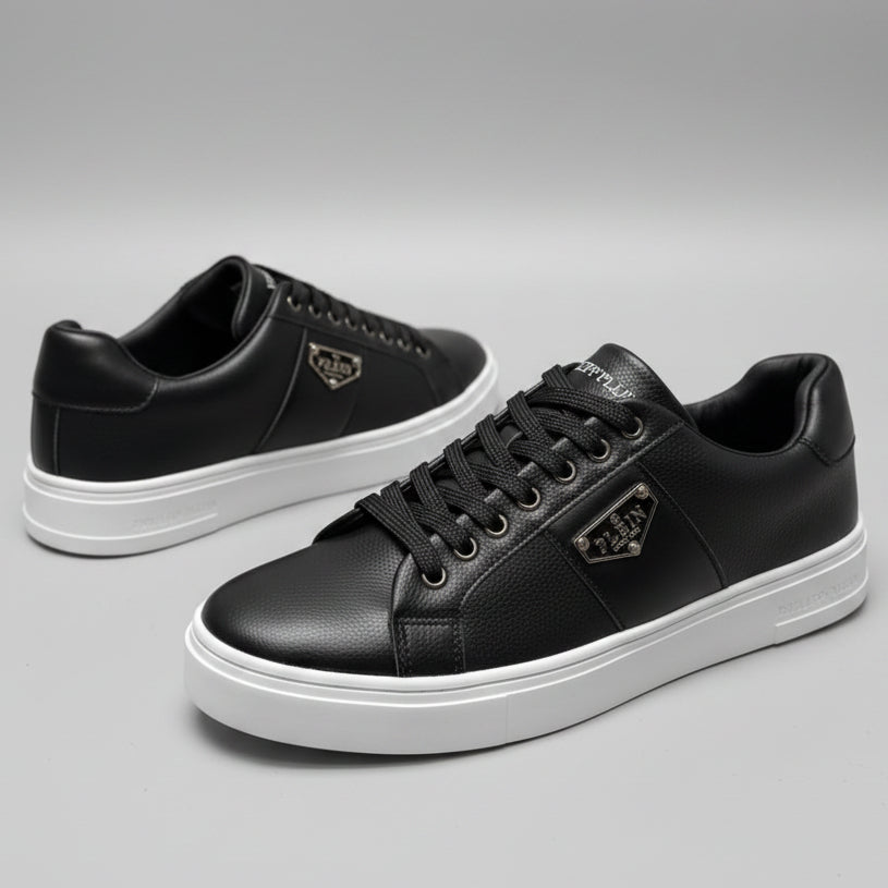 Men's Signature Black Sneakers | Stylish Low-Top Casual Shoes with Gold Accent_KB