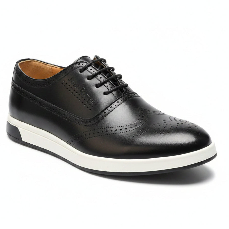 Black leather shoes with white soles on a textured gray background, featuring the model number JF01-7.