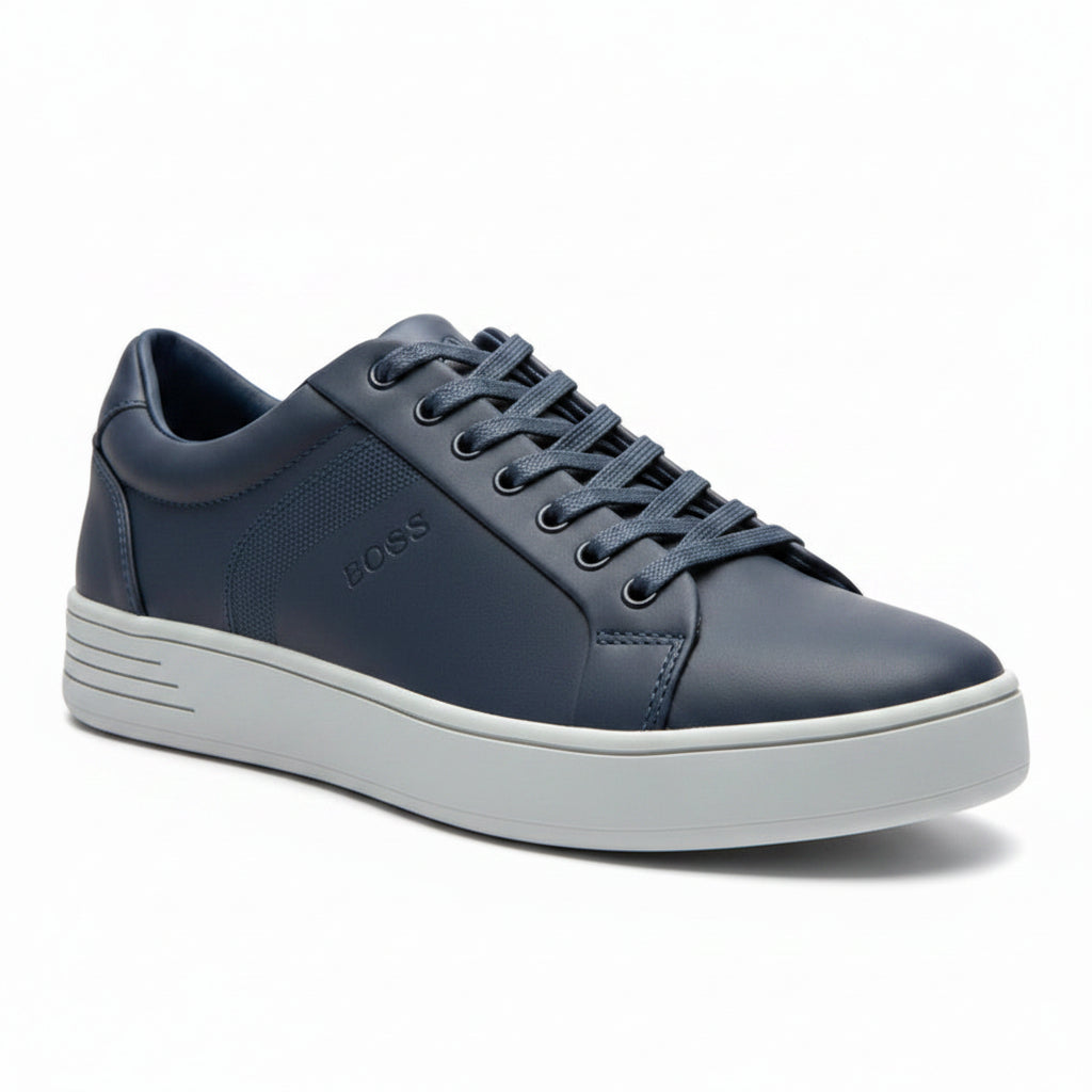 Navy blue sneaker with white sole on a white background