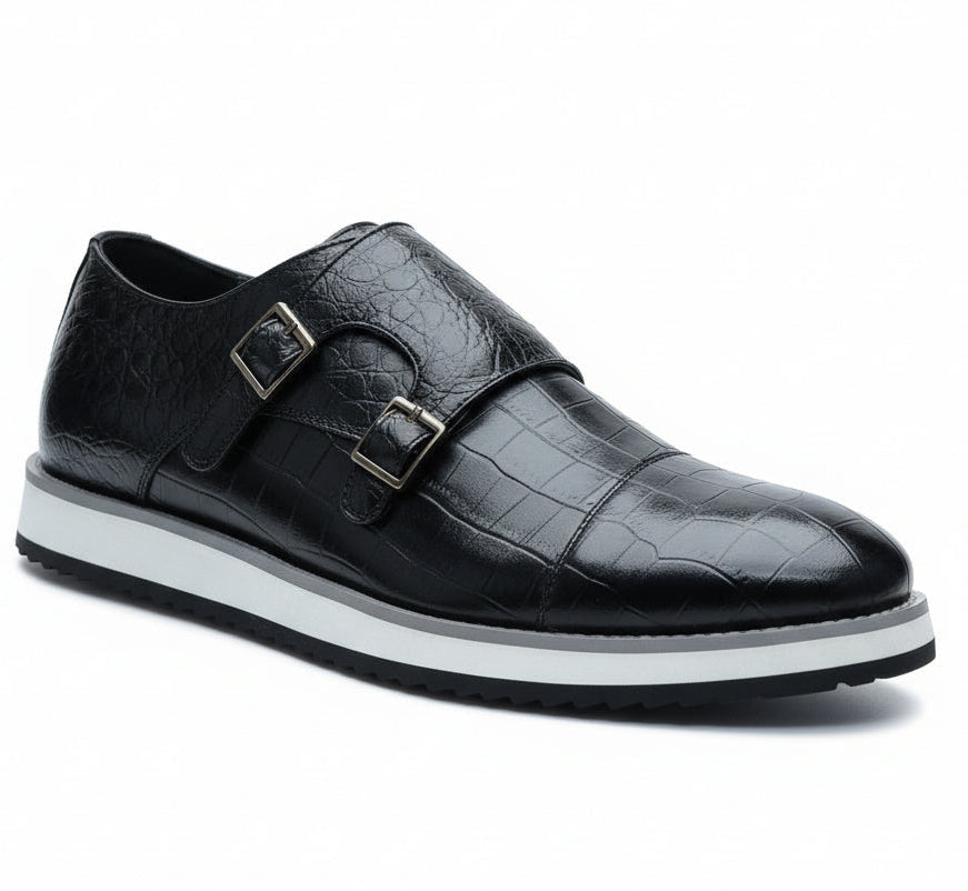 Men’s Croc-Embossed Double Monk Strap Shoes – Luxury Smart Casual Sneakers